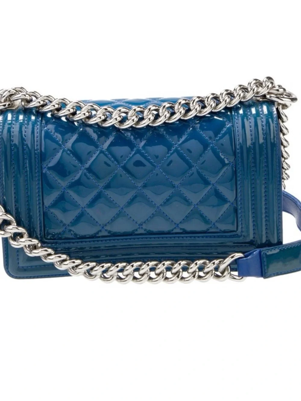 CHANEL Blue Quilted Plexiglass Boy Crossbody with Silver Chain